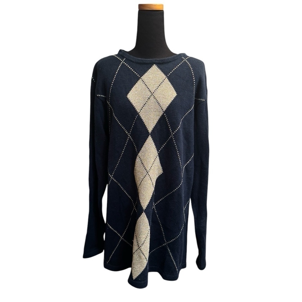 Y2K VINTAGE CEZANNE 1990’s argyle blue gold women's XL Cable Knit Sweater Jumper